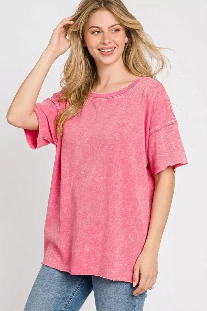 Acid wash drop shoulder French terry top with raw hem