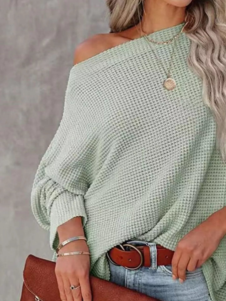 Oversized waffle-knit boat neck long sleeve top
