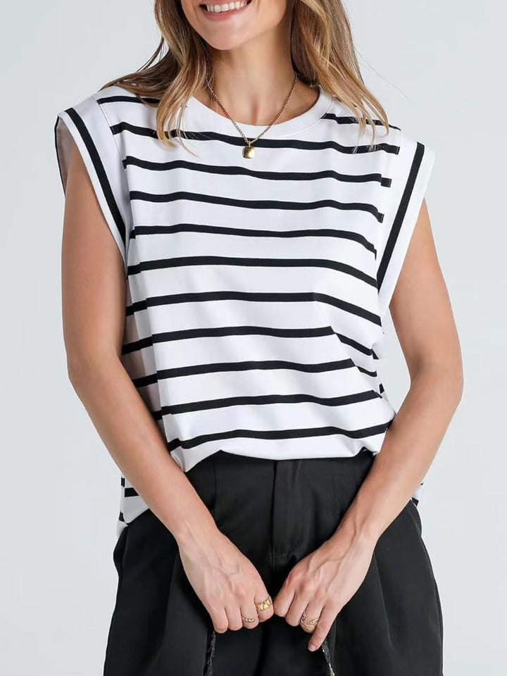 Striped cap-sleeve crew neck muscle tank top