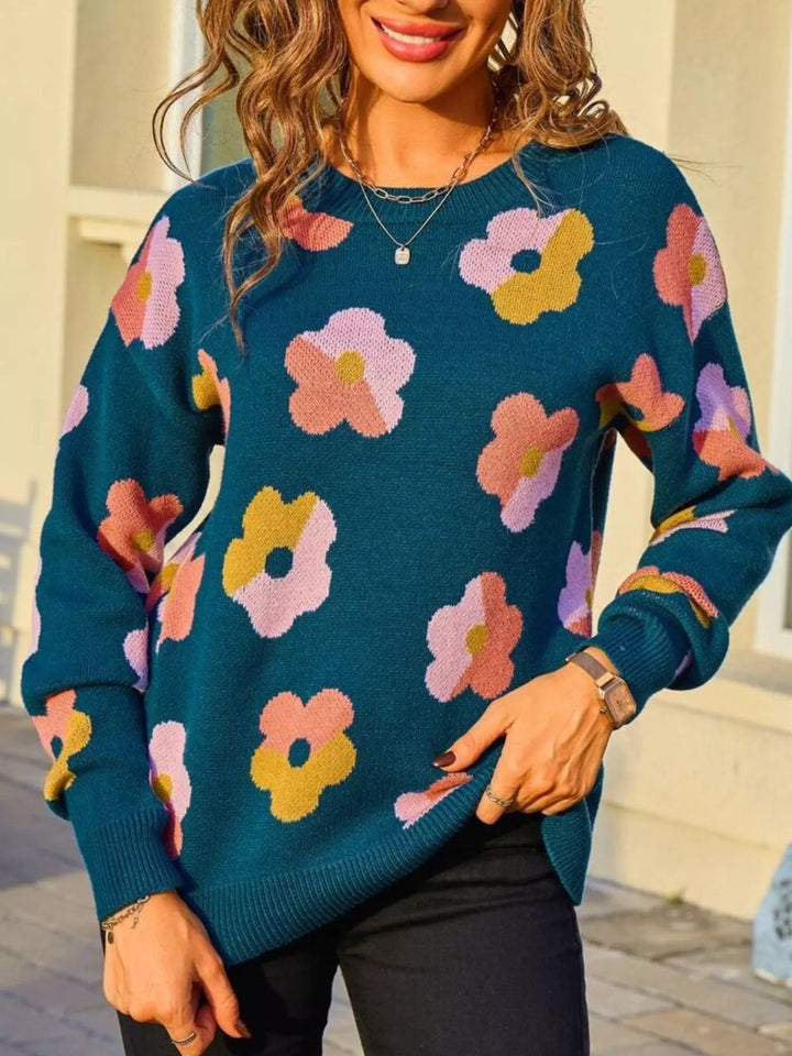 Blue Retro floral crew neck knit pullover sweater