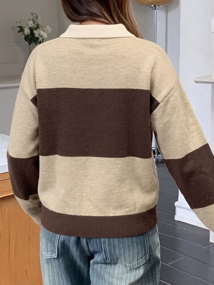 Color block polo collar sweater with button placket