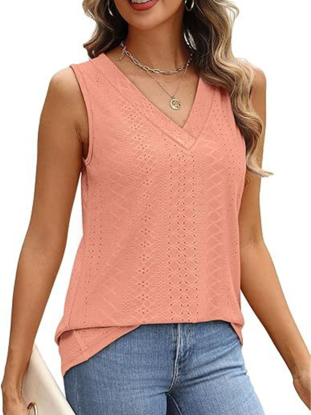Eyelet V-neck sleeveless tank with diamond texture