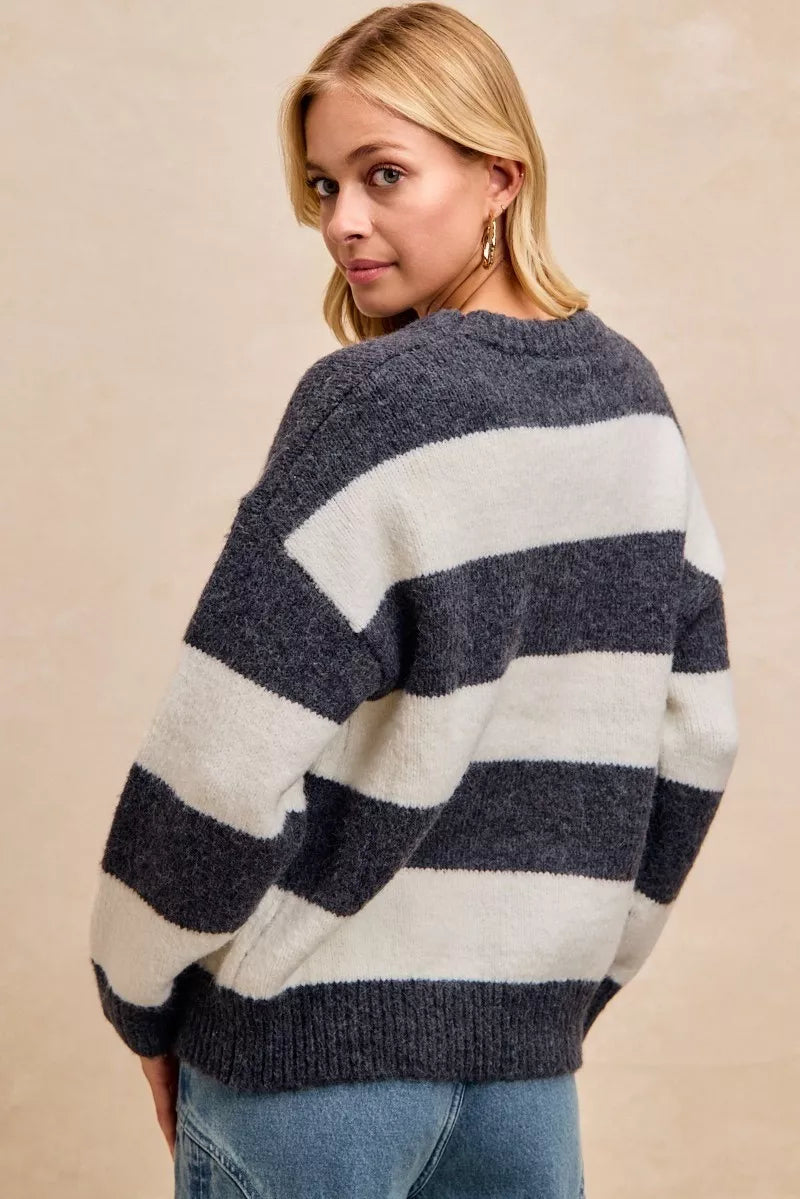 Wide stripe fuzzy knit round neck sweater
