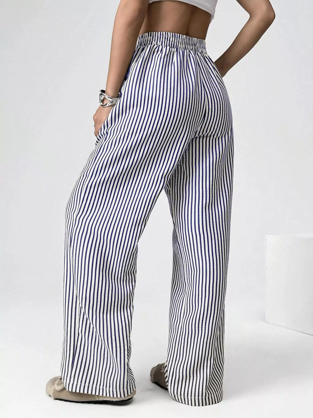 Striped high-waist wide-leg pants with drawstring