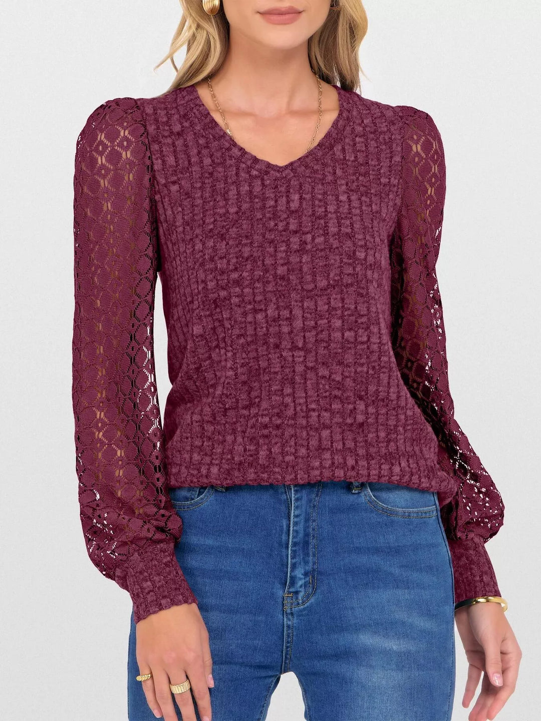 Burgundy Sheer lace sleeve ribbed knit V-neck top