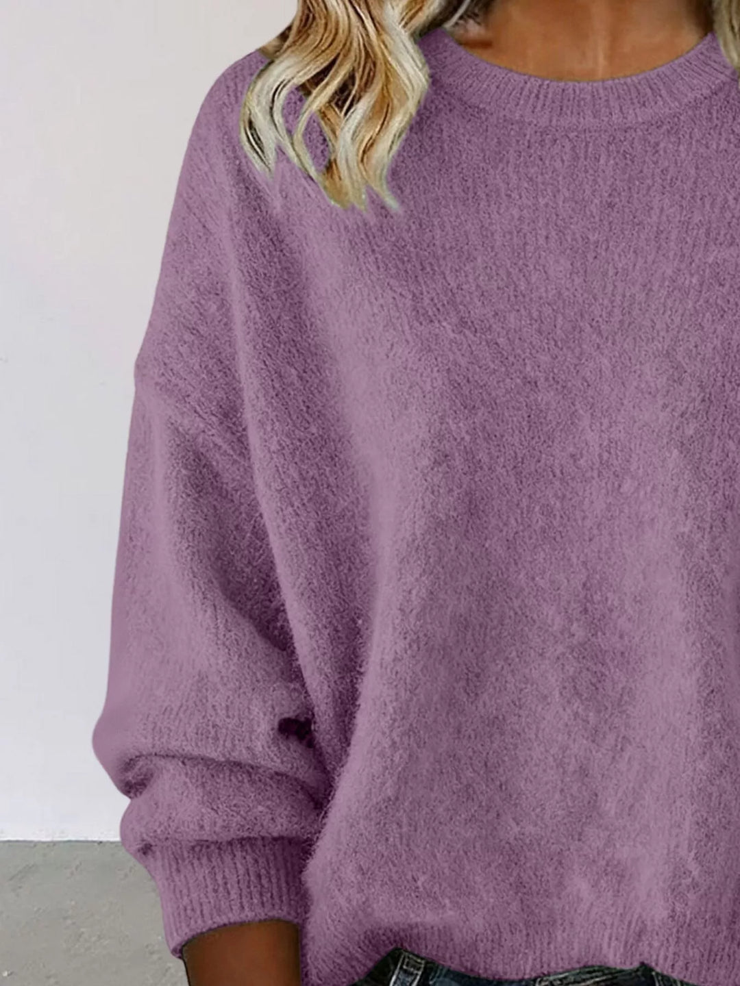 Dropped-shoulder crew neck knit sweater with ribbed trim