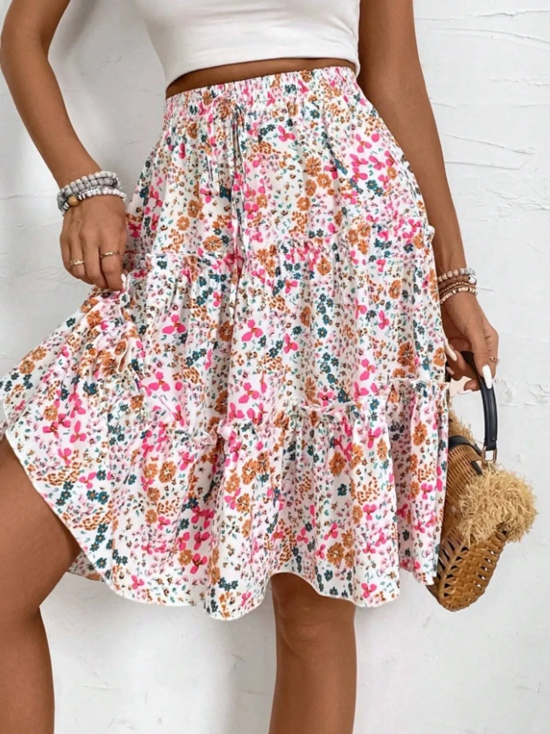 Floral print tiered ruffle mini skirt