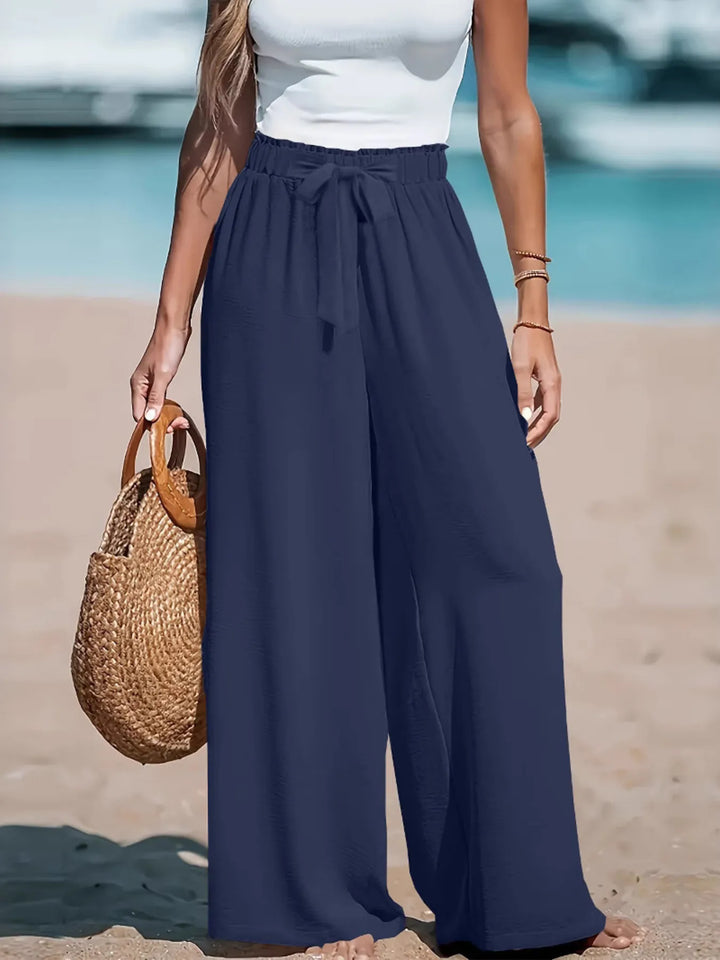 Paper-bag waist wide-leg pants with drawstring tie
