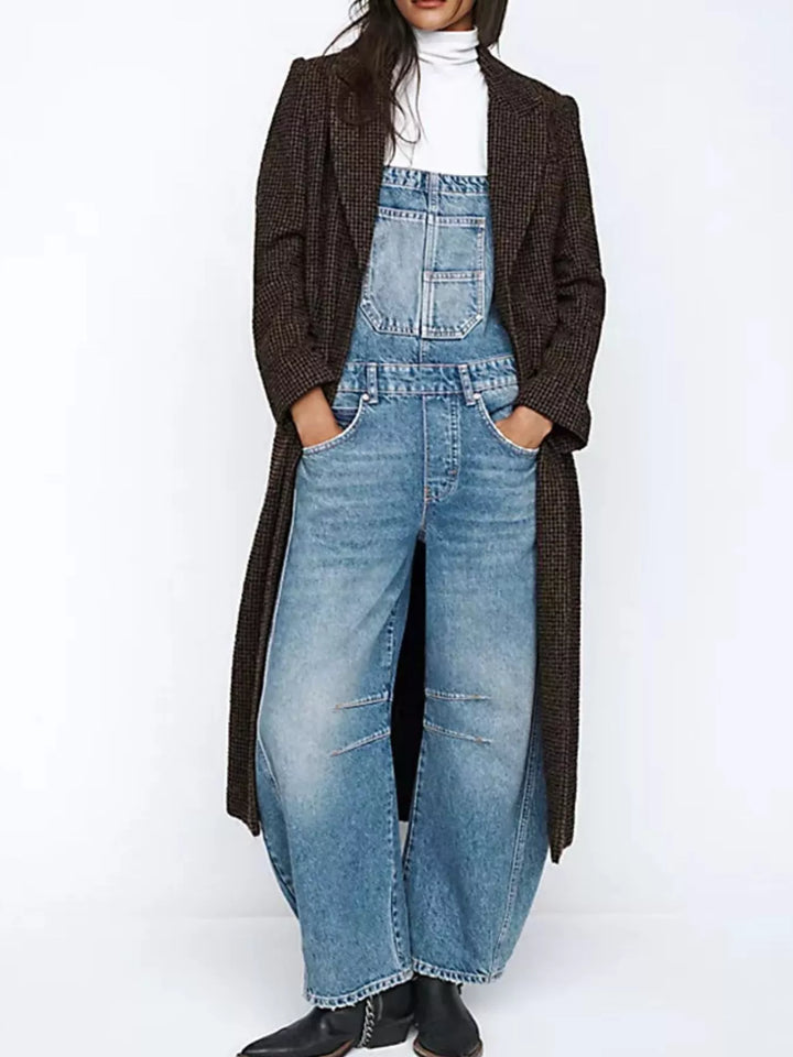 Wide-leg cotton denim overalls with adjustable straps