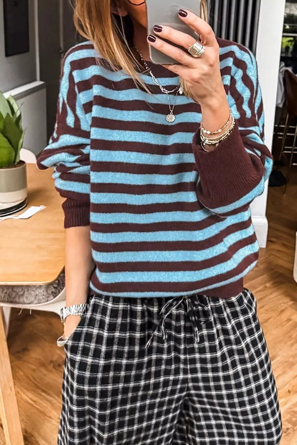 Striped color block crew neck sweater with ribbed cuffs