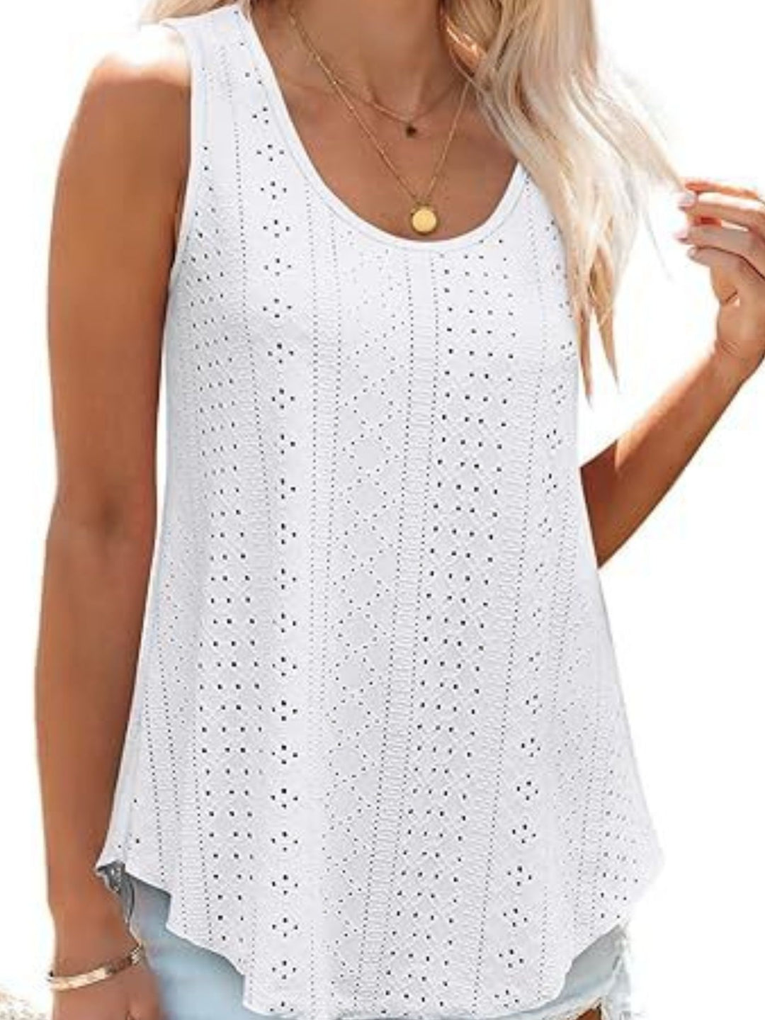 Eyelet knit scoop neck flowy swing tank top