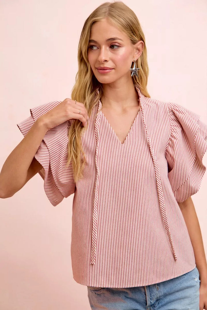 Striped tie-neck blouse with tiered ruffle sleeves