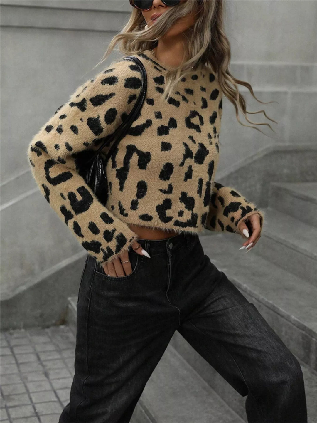 Fuzzy leopard cropped sweater with mock neck