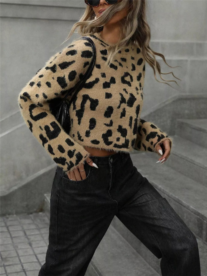 Fuzzy leopard cropped sweater with mock neck