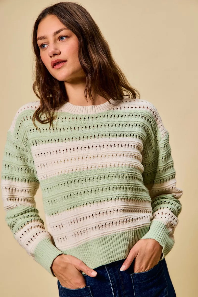 Openwork wide-stripe crew neck knit sweater
