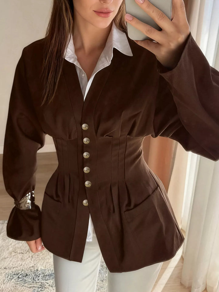 Chocolate Button-front cinched-waist jacket with flared cuffs