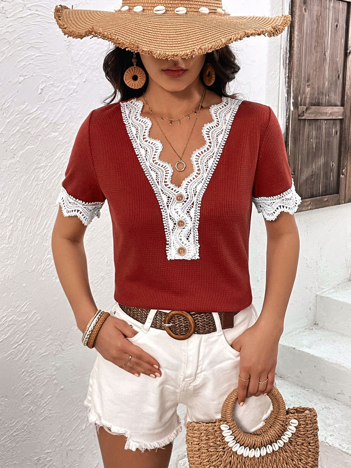 Burgundy Lace-trim V-neck short sleeve top with button placket
