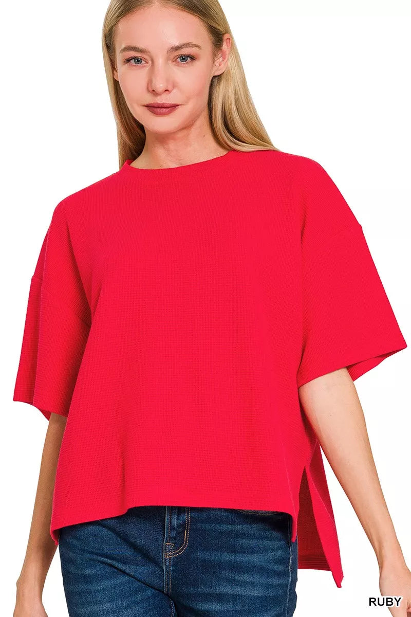 RUBY Textured waffle knit boxy tee with side slits and hi-low hem
