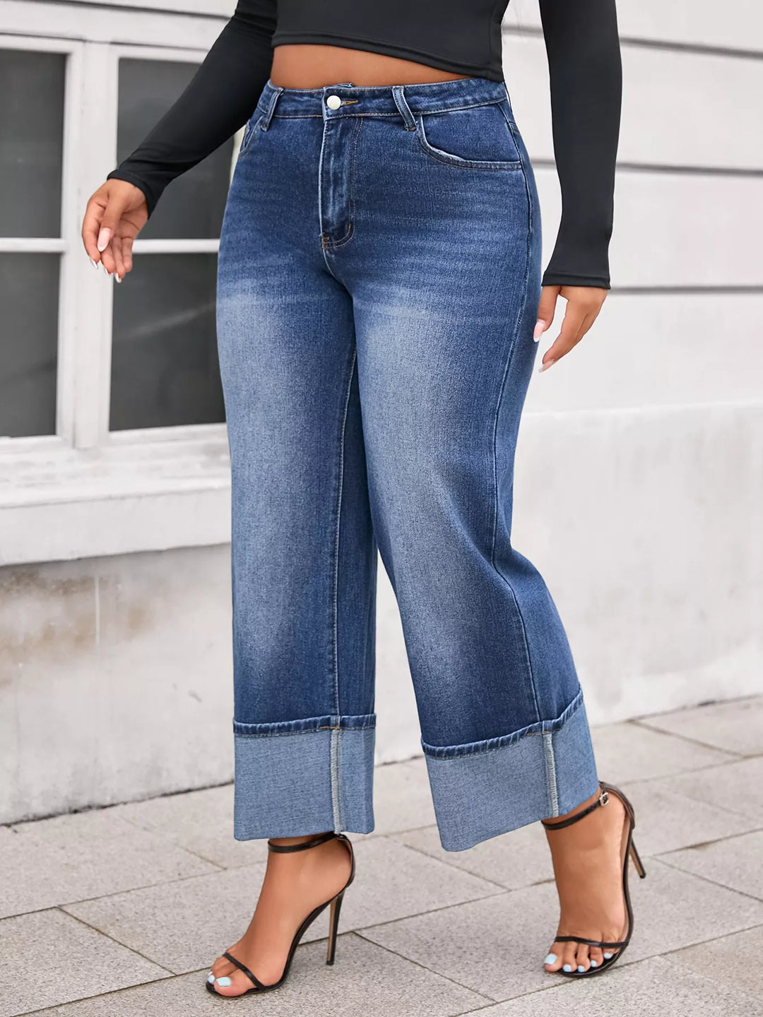 Dark Blue Plus size high-rise wide-leg jeans with deep cuffed hem