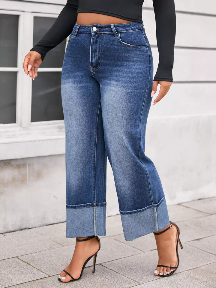 Dark Blue Plus size high-rise wide-leg jeans with deep cuffed hem