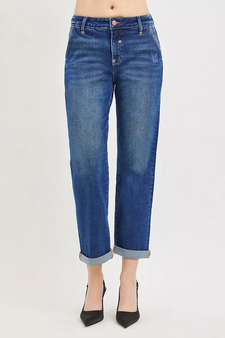 DARK Slouchy cropped boyfriend jeans with cuffed hem