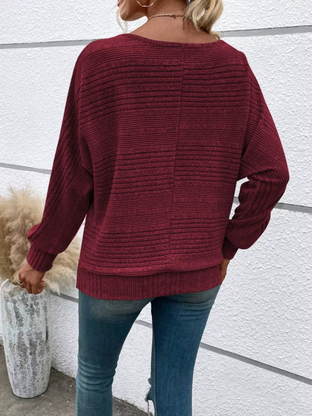 Ribbed knit relaxed long sleeve boat-neck top