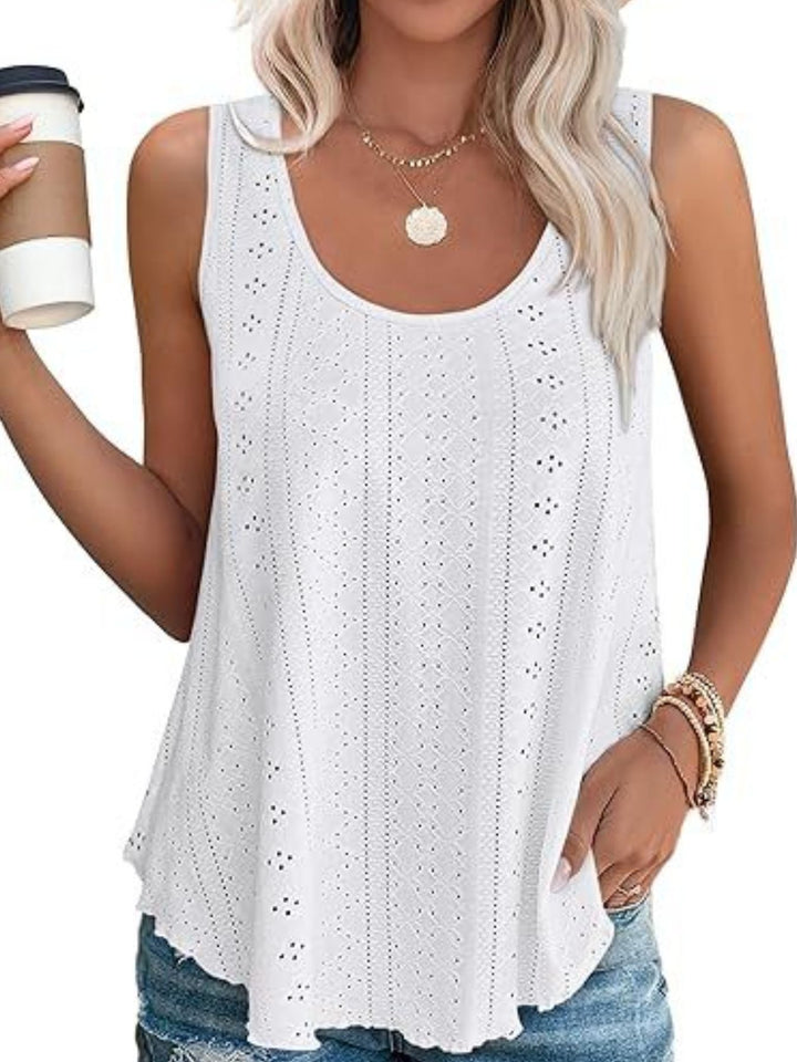 White Eyelet knit scoop neck flowy swing tank top
