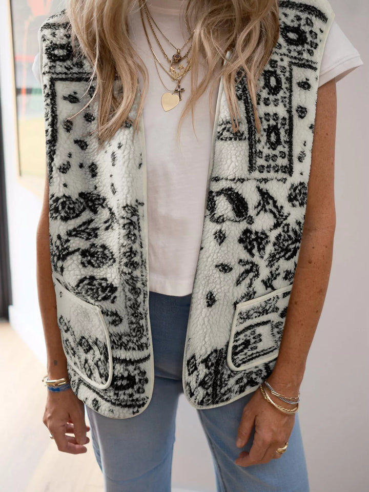White Open-front sherpa vest with paisley print and patch pockets