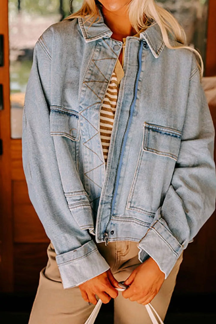 Medium Drop shoulder zip-up denim jacket with flap pockets