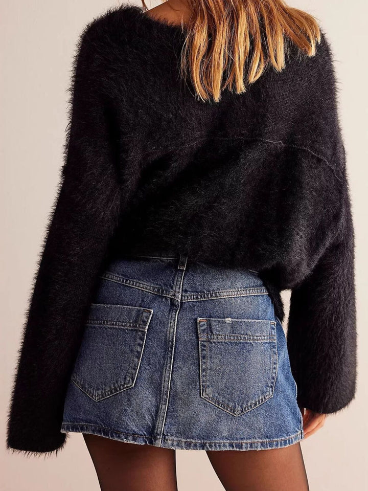 Asymmetrical button-front denim mini skirt