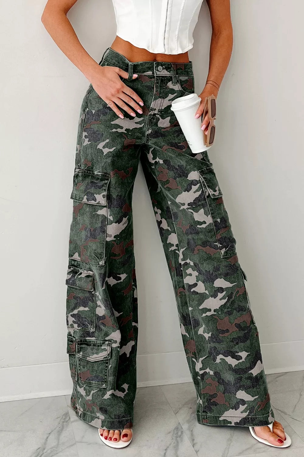 Green Camouflage Camo print high-rise wide-leg cargo pants