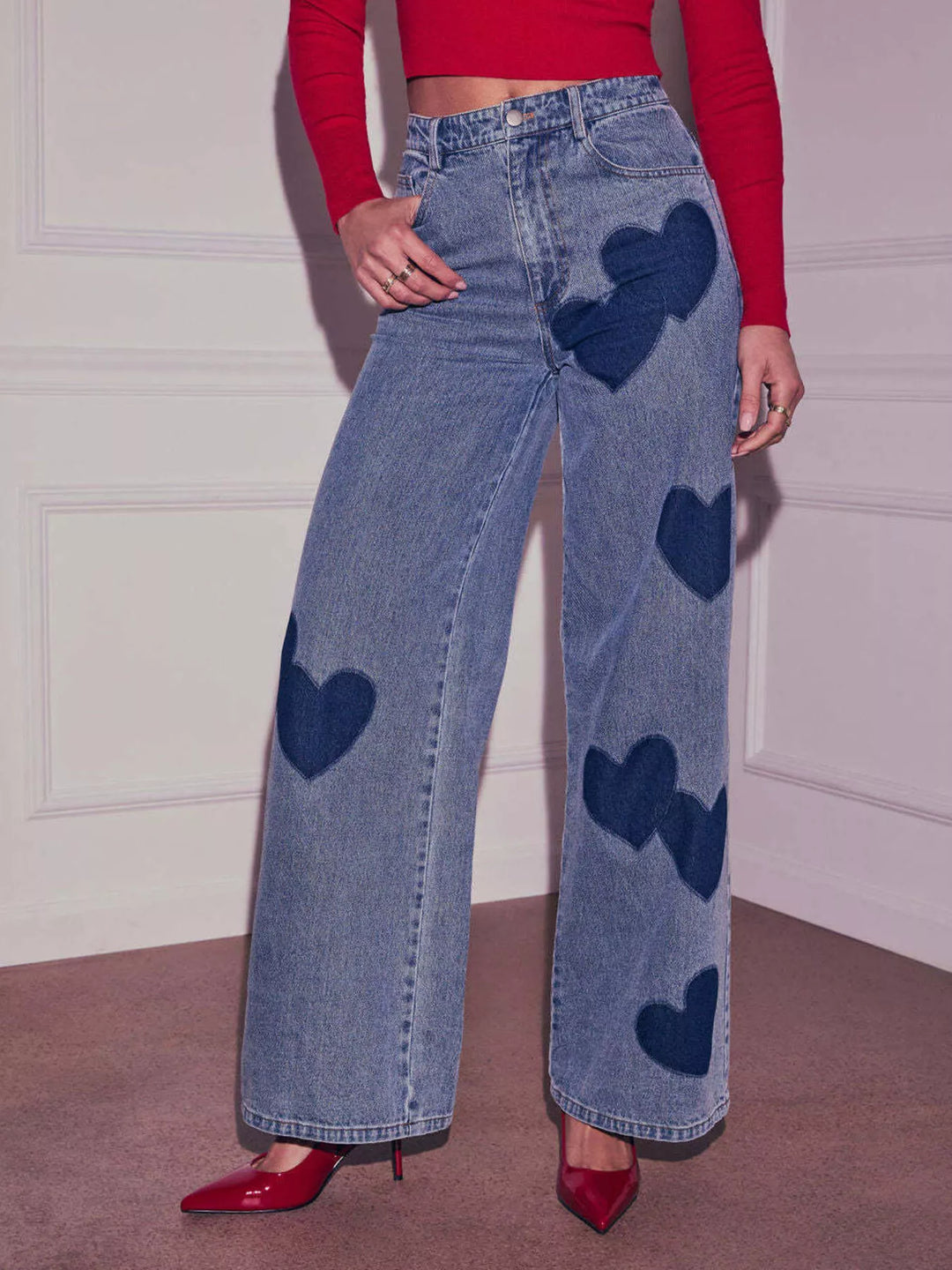 Blue Heart patch high-rise wide leg jeans