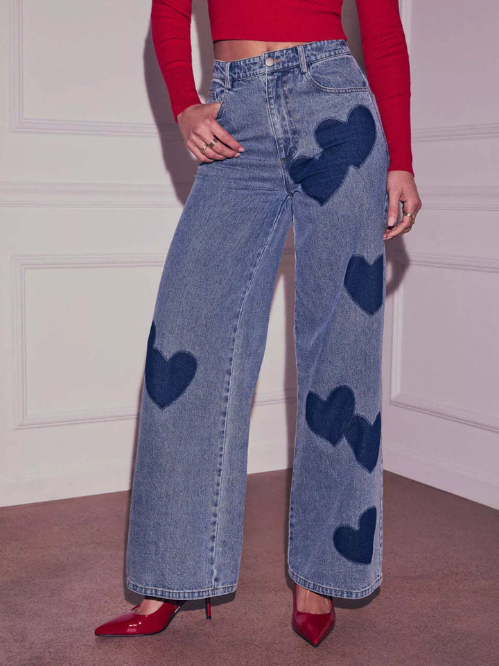 Blue Heart patch high-rise wide leg jeans