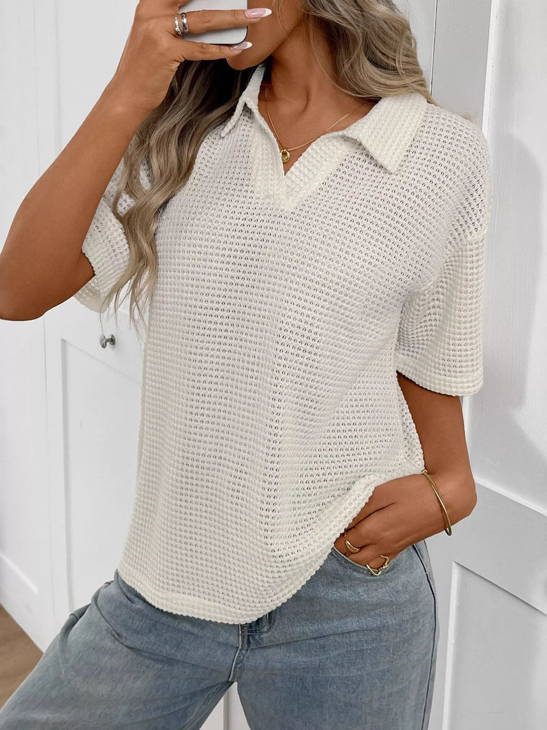 Striped waffle-knit collared short sleeve top