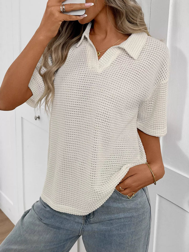 Striped waffle-knit collared short sleeve top