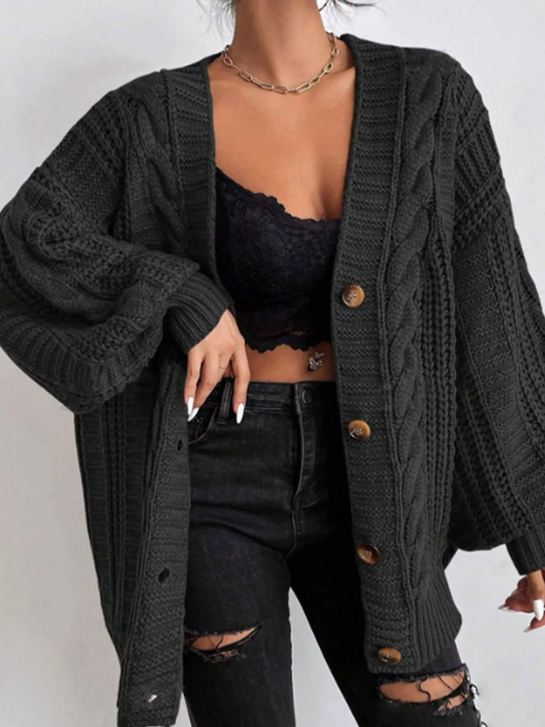 Black Oversized cable knit button-down cardigan with V-neck
