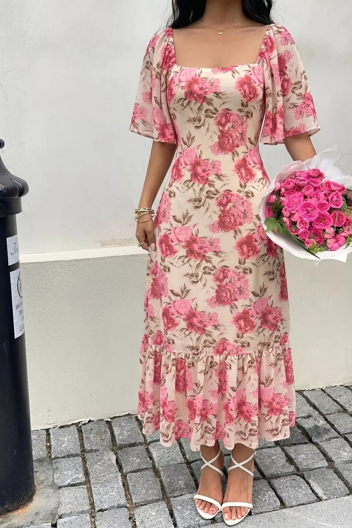 Floral print flutter sleeve square neck midi dress