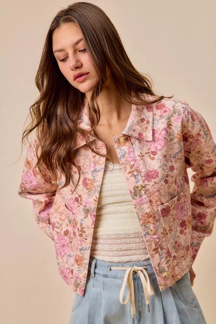 Cropped floral cotton twill barn jacket with patch pockets