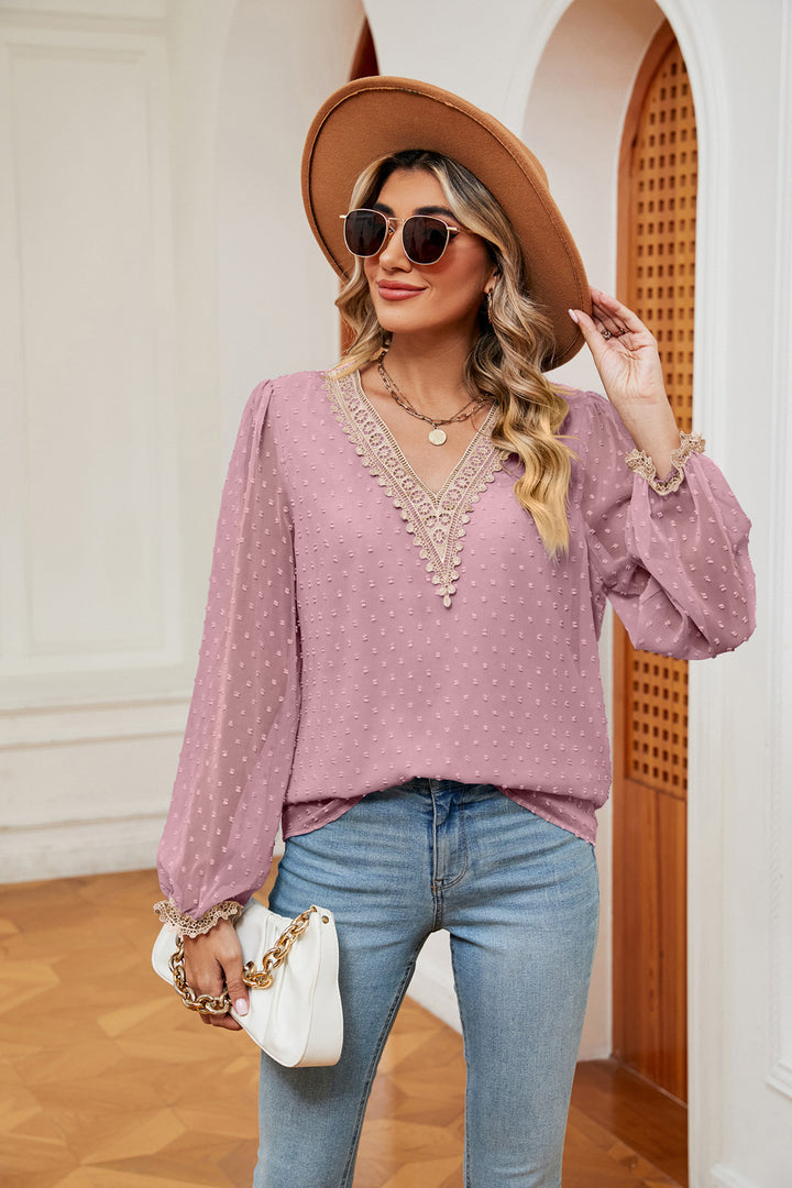 Swiss dot V-neck blouse with crochet lace trim and cuffs