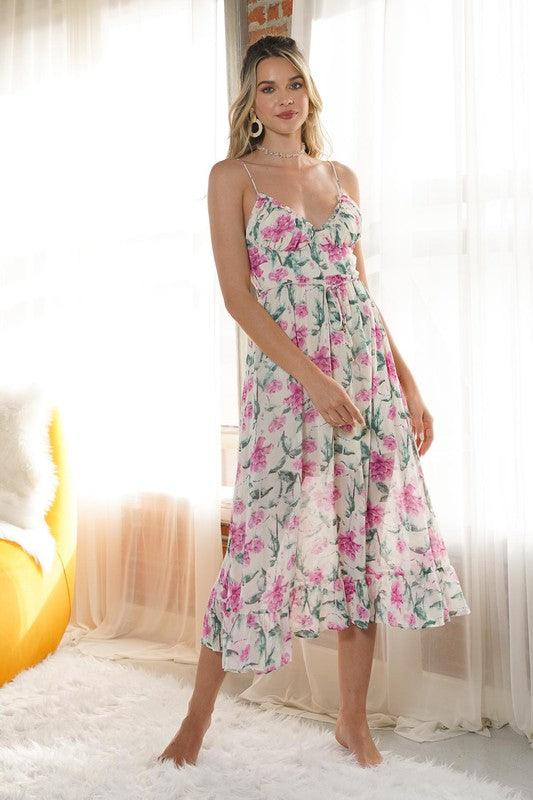 Floral Ruched Midi Dress - Azoroh
