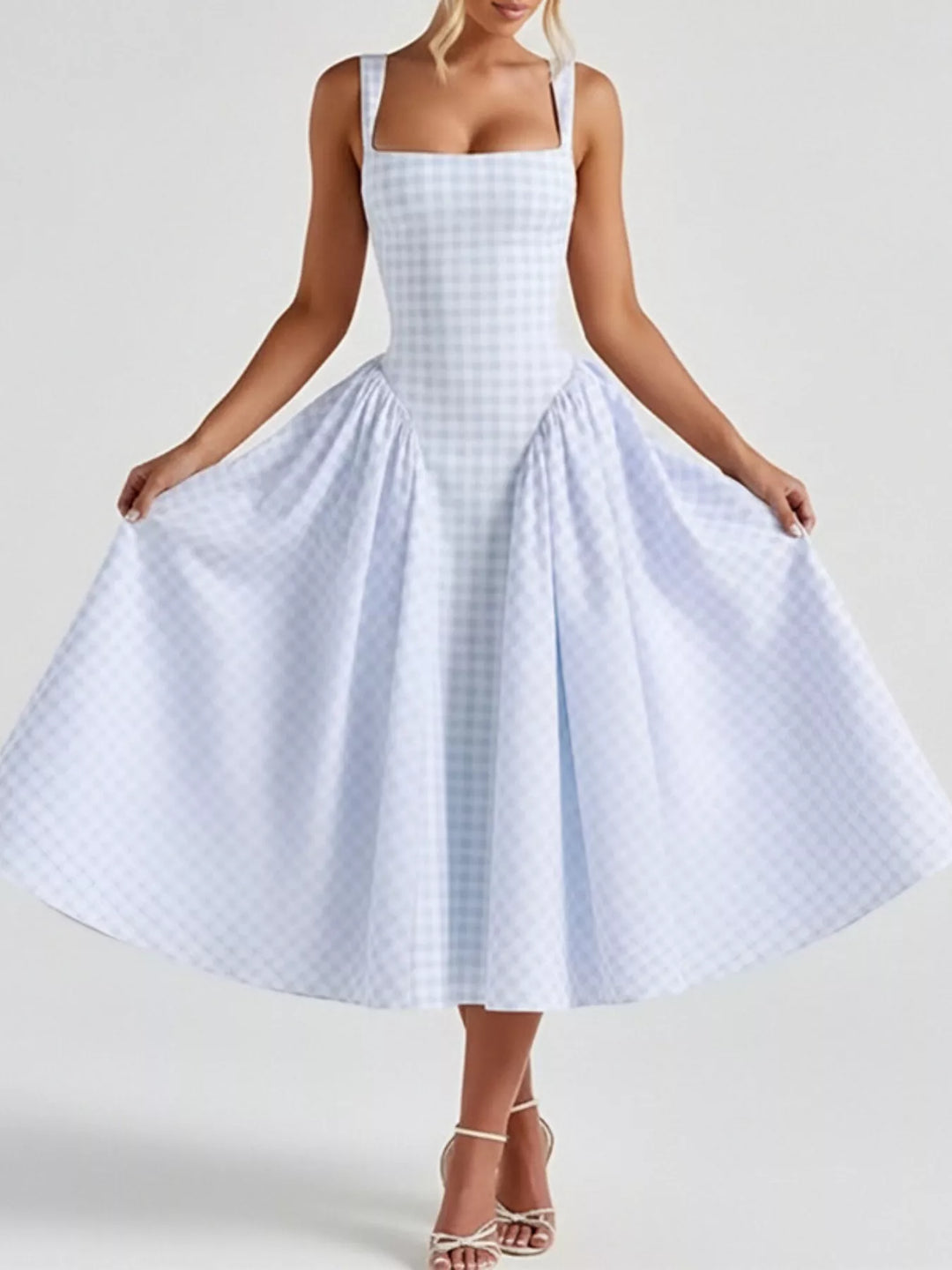 Light Blue Plaid square-neck sleeveless fit-and-flare midi dress