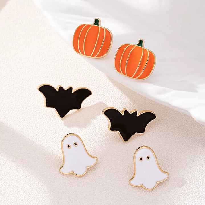 Halloween pumpkin, ghost and bat stud earring 3-pair set