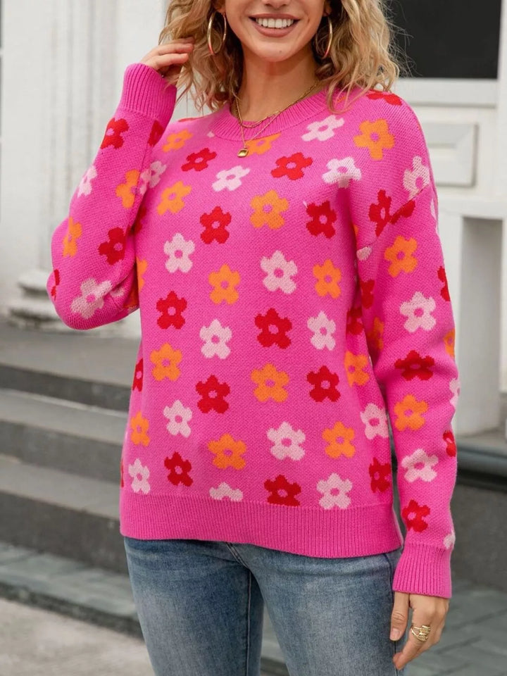 Rose Red Retro daisy floral crew neck knit sweater