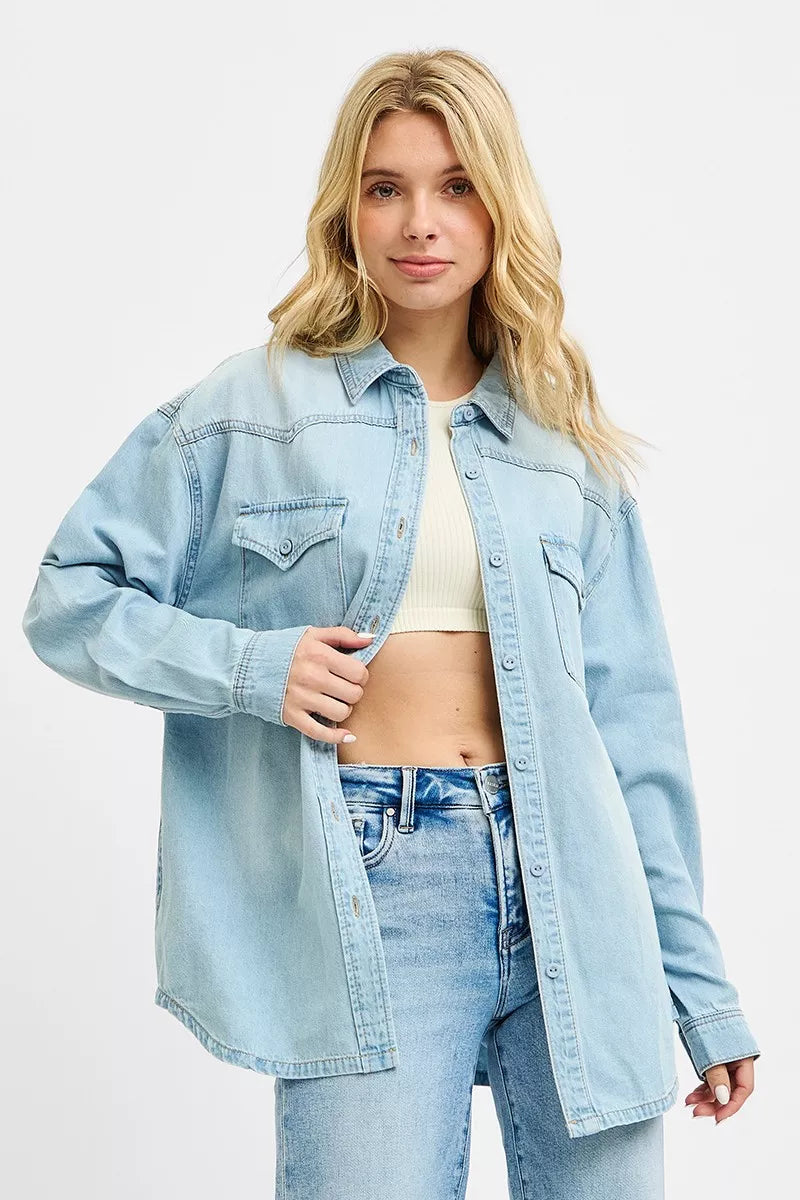 Western yoke relaxed-fit denim shirt with snap chest pockets