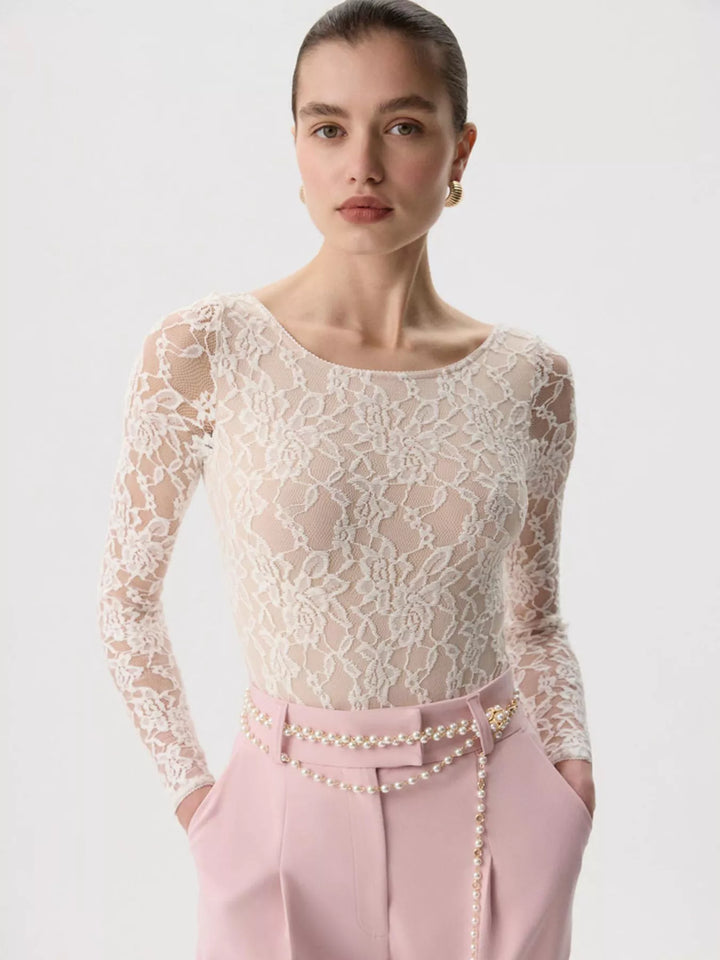 Sheer floral lace round neck long sleeve top