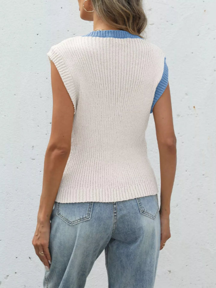 Two-tone ribbed knit sleeveless button-front cardigan