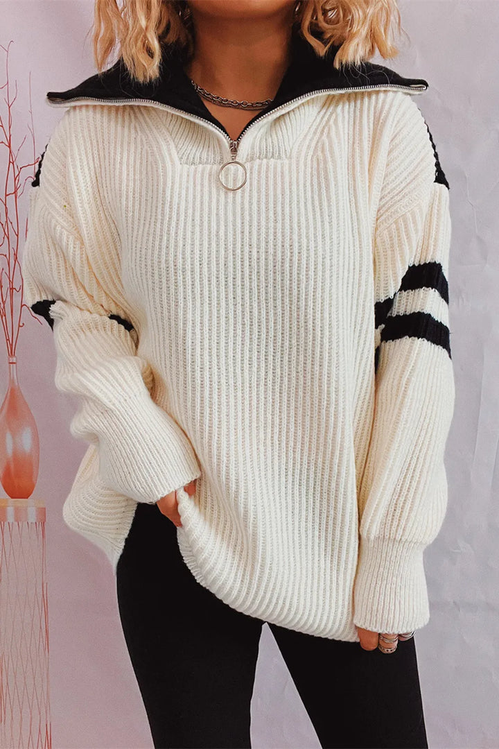 White Quarter-zip ribbed knit sweater with striped sleeves