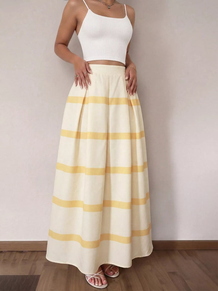 Striped pleated A-line maxi skirt with pockets