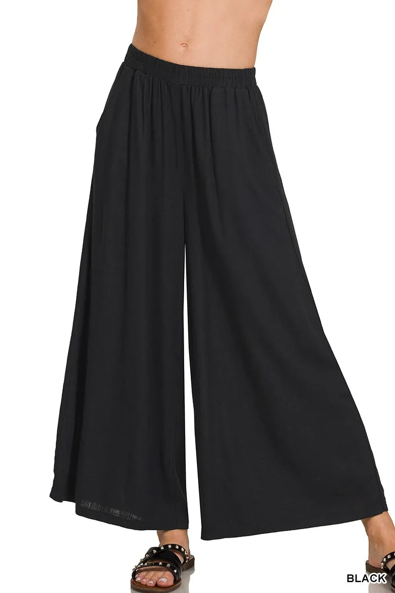 Pleated wide leg linen blend pants with drawstring waist