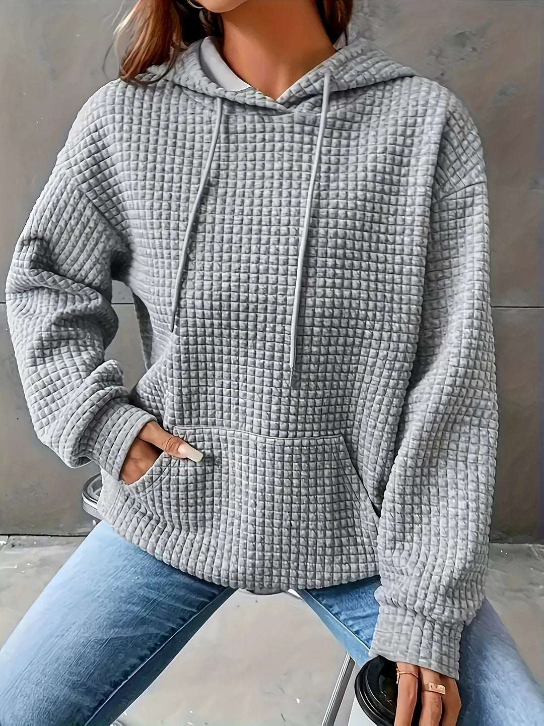 Grey Textured waffle knit drawstring hoodie with kangaroo pocket